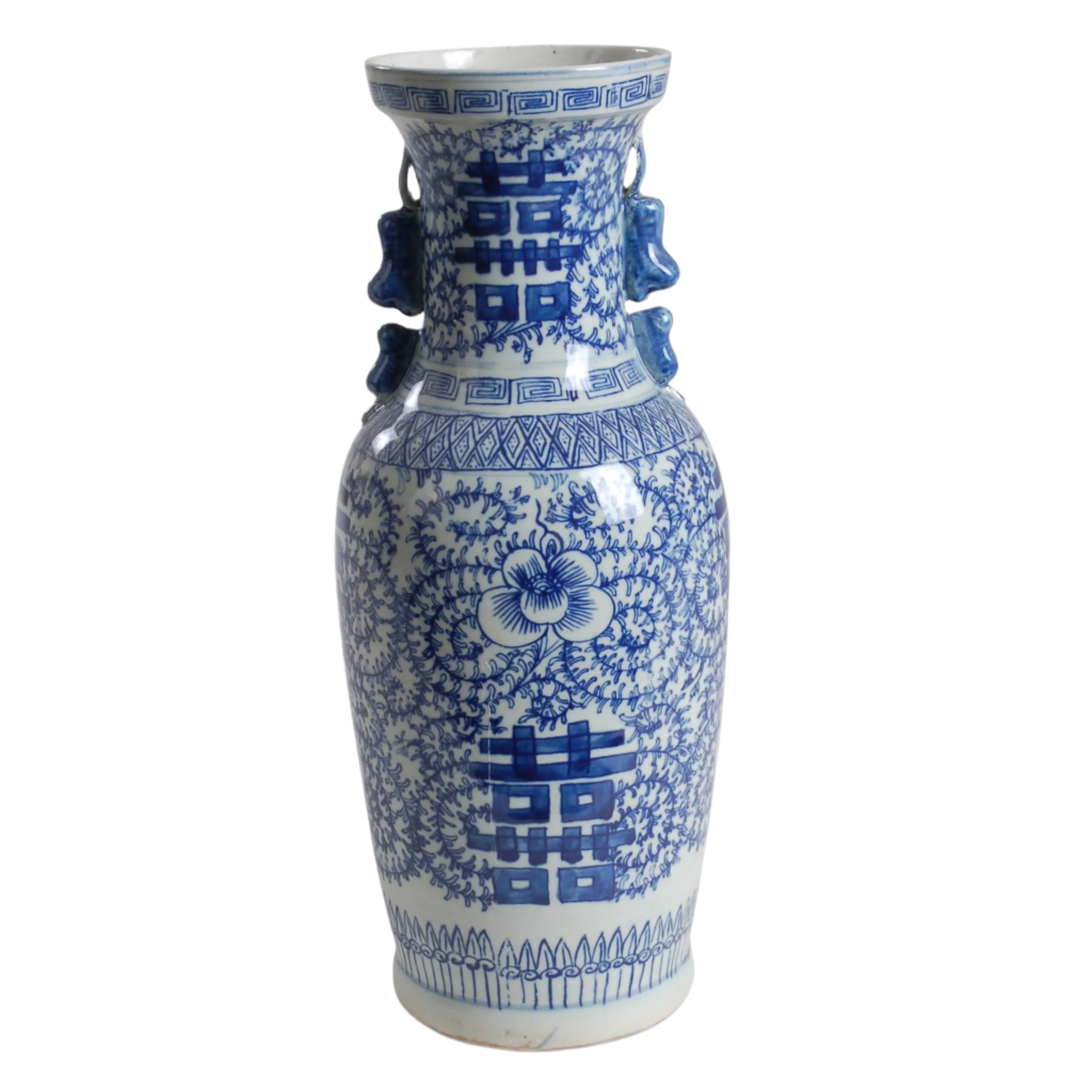 Blue and White Porcelain Double Happiness Vase with Foo Dog Accents