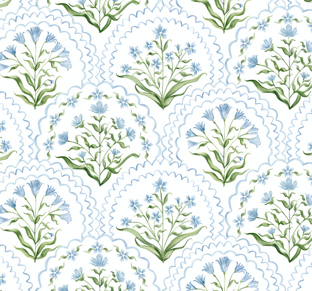 Large Cornflower Scalloped Lampshade, Blue Trim