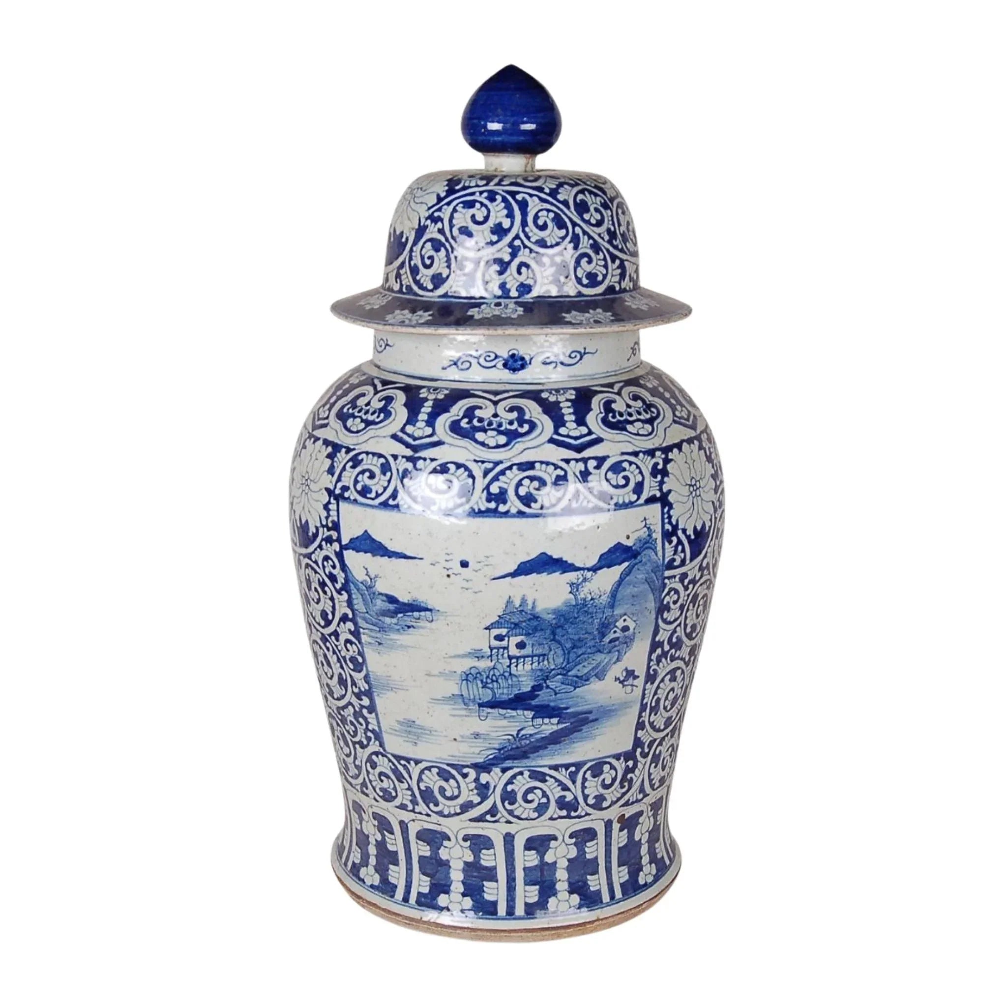 Blue and White Porcelain Canton Landscape Ginger Jar
