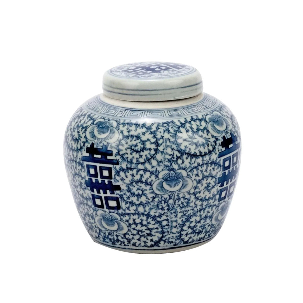 Blue & White Porcelain Double Happiness Floral Lidded Jar