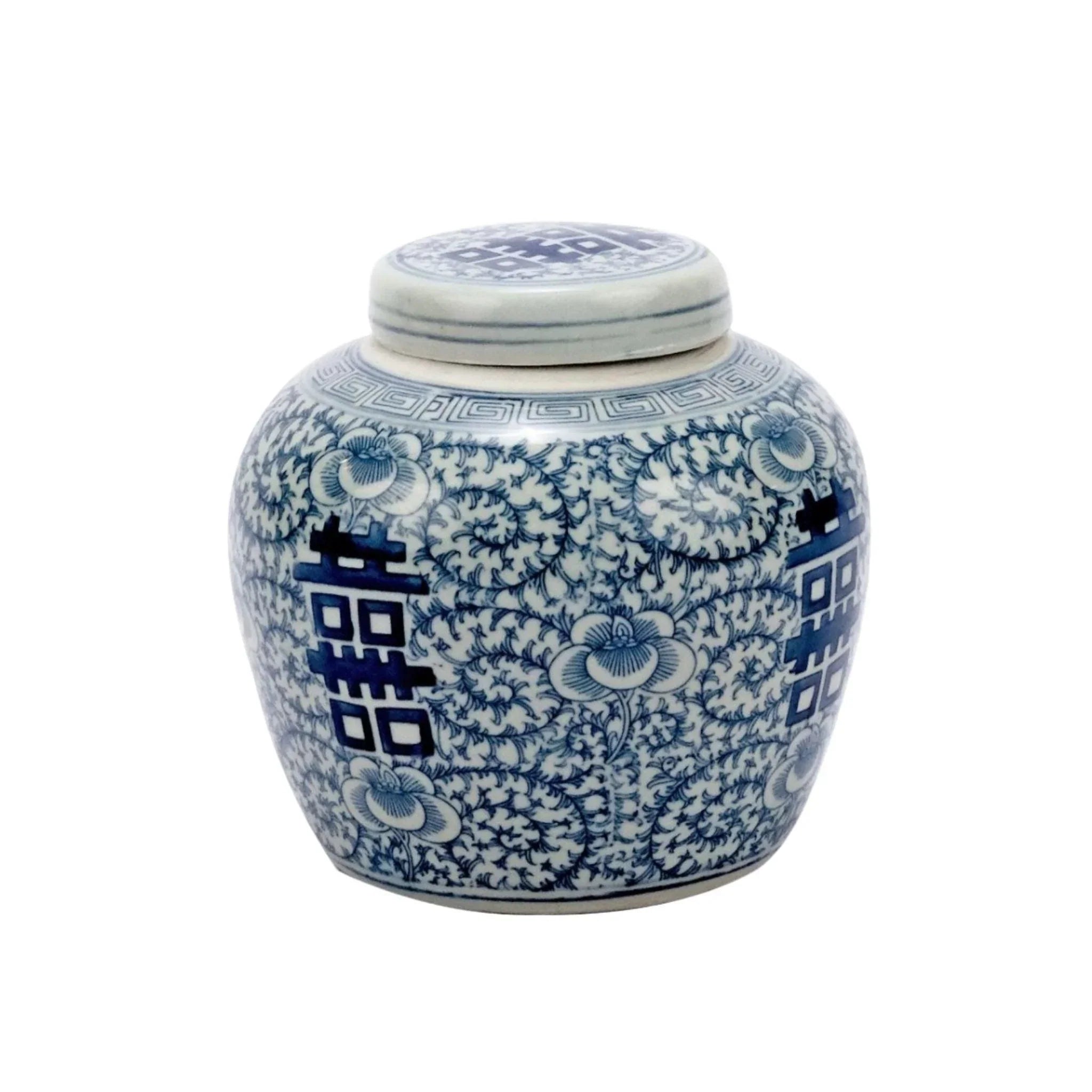 Blue & White Porcelain Double Happiness Floral Lidded Jar
