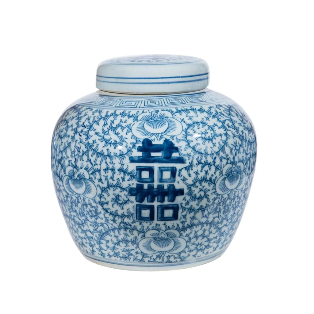 Blue & White Porcelain Double Happiness Floral Lidded Jar